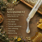 Tallow beauty oil dropper with honeycomb, flowers, and beeswax on a wooden background with text about product benefits.