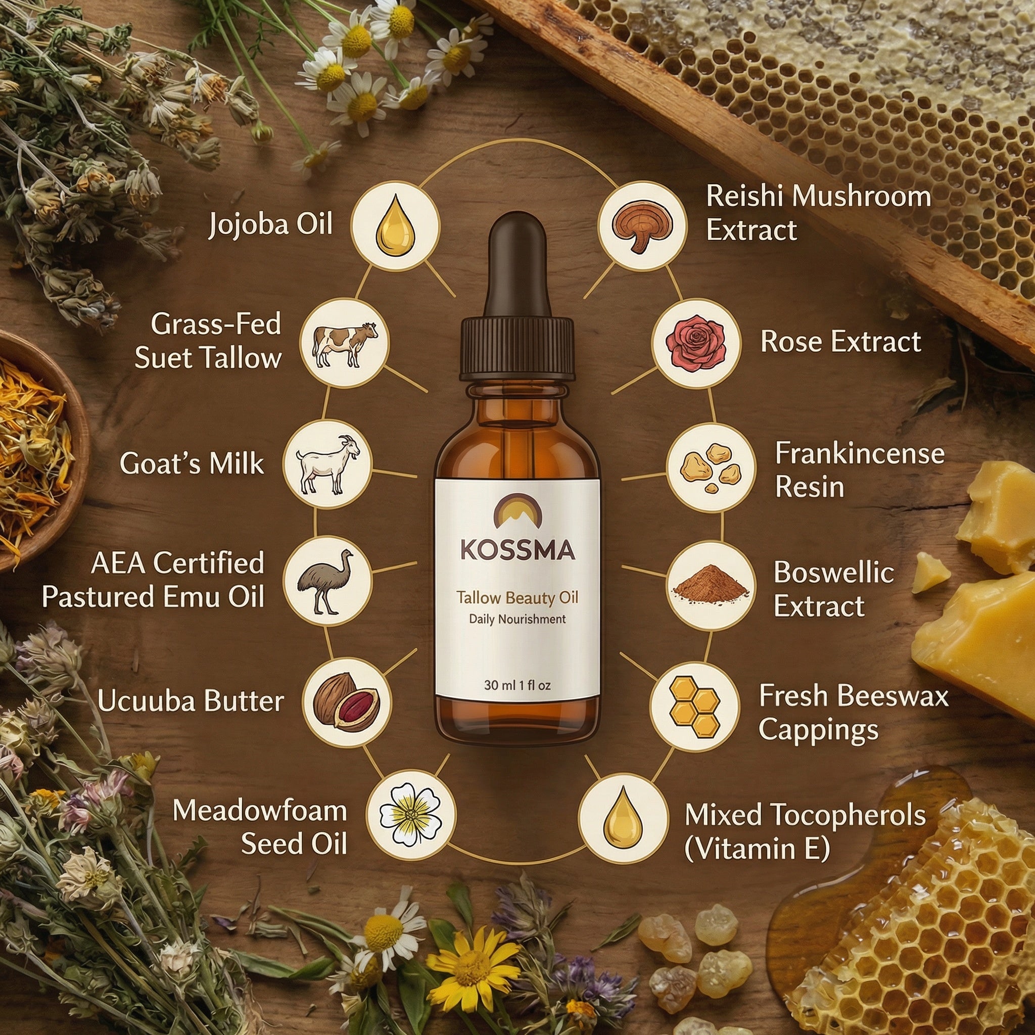KOSSMA Tallow Beauty Oil bottle surrounded by natural ingredients on a wooden background